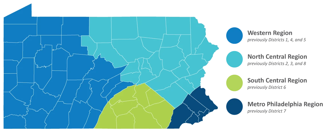 County Map of the four PVMA Regions represented by a Trustee on the Board of Trustees